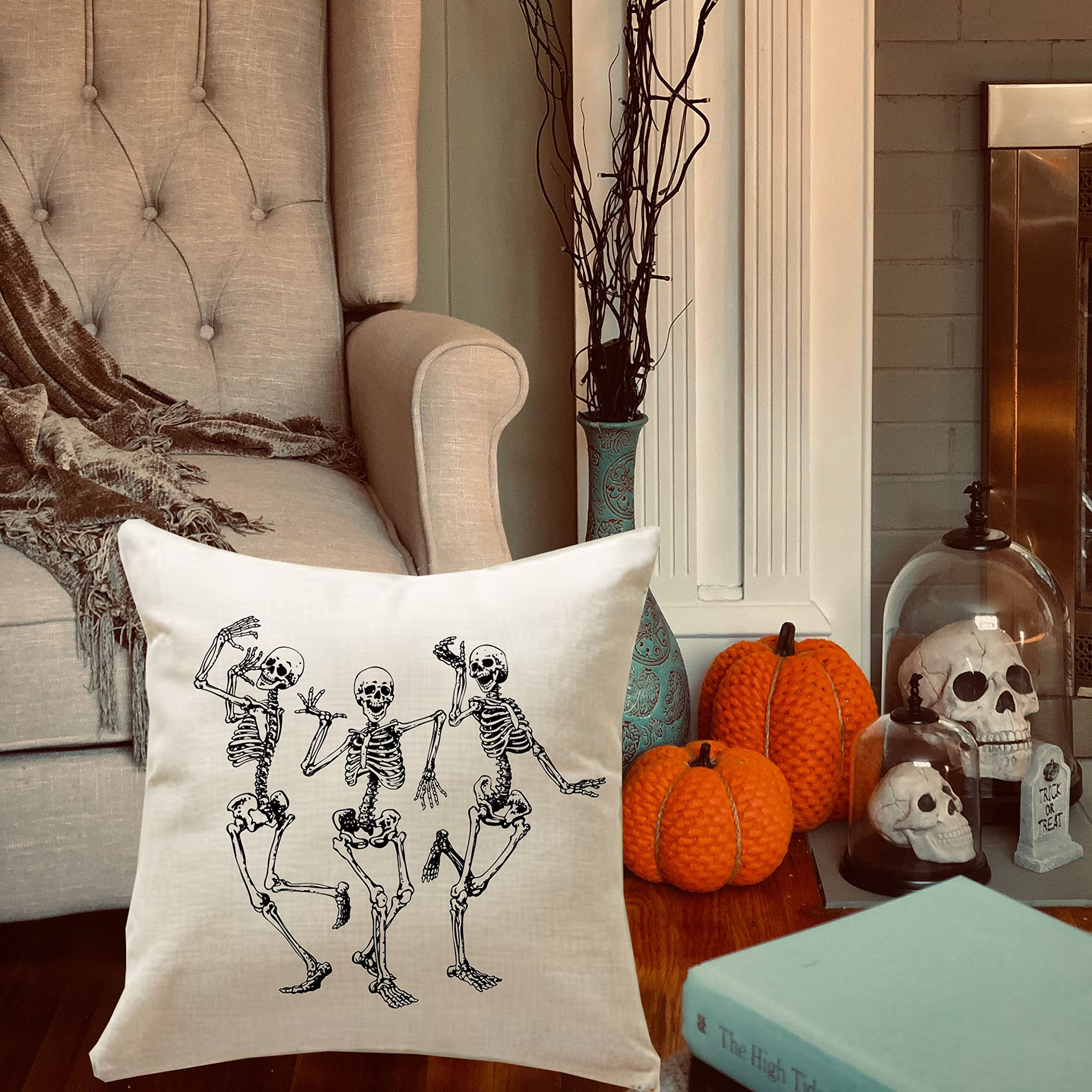 Halloween throw pillow cover with dancing skeleton design