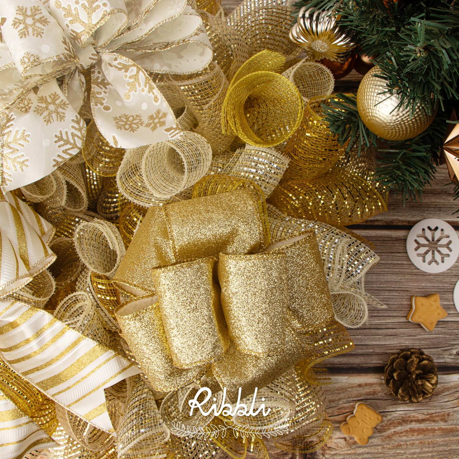 holiday decor with gold ribbon