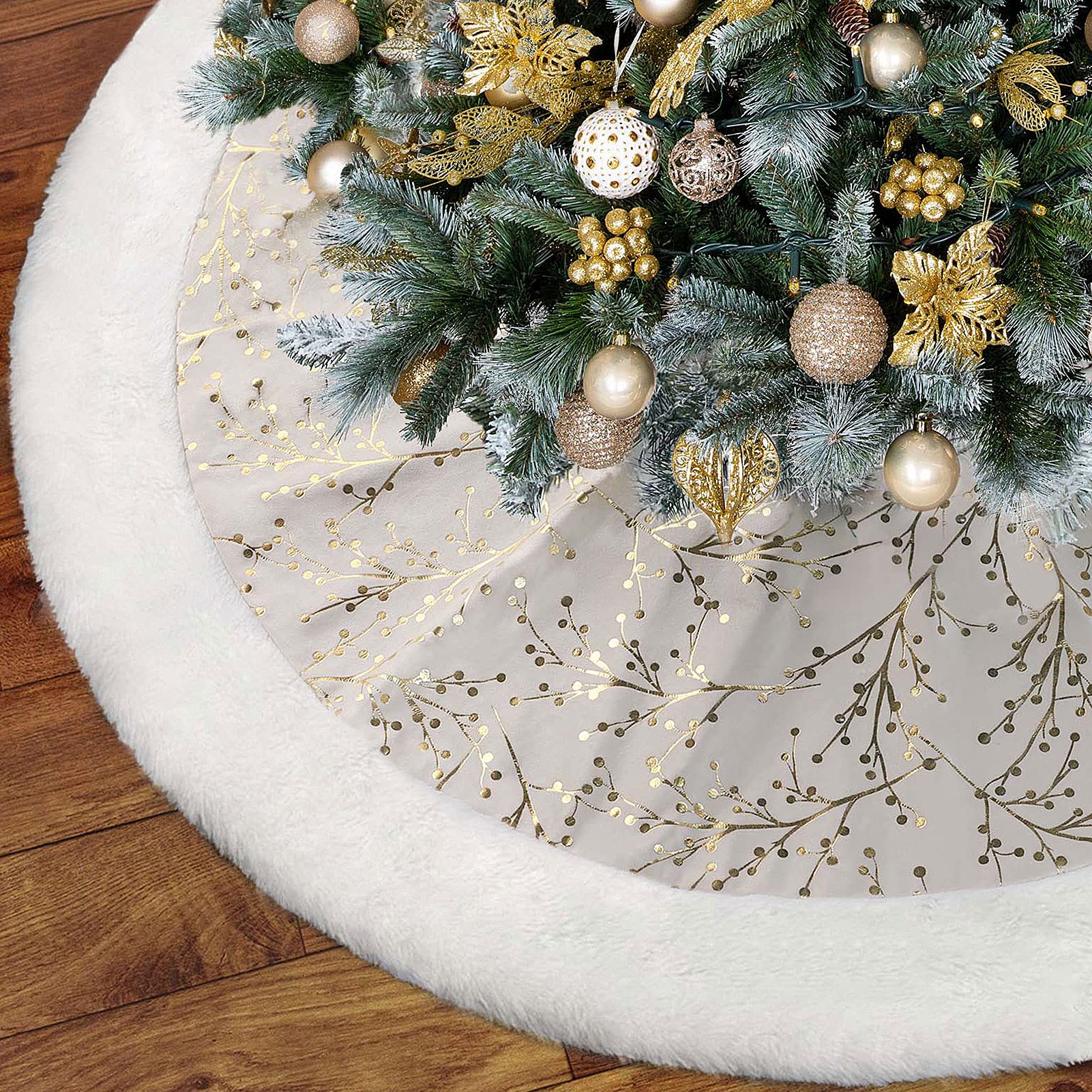 48 Inch Gold and White Faux Fur Christmas Tree Skirt