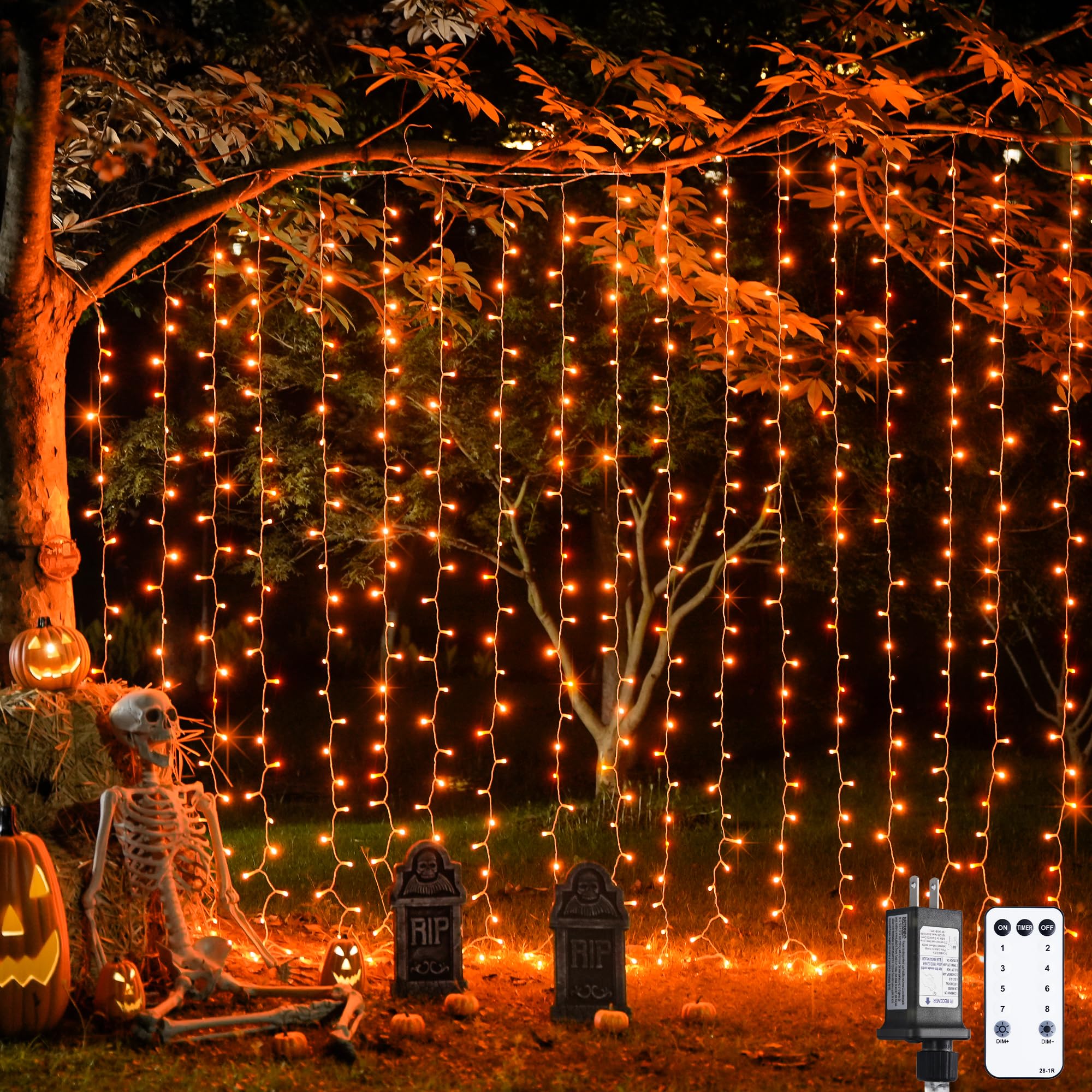 300LED Orange Halloween Curtain Lights with Remote