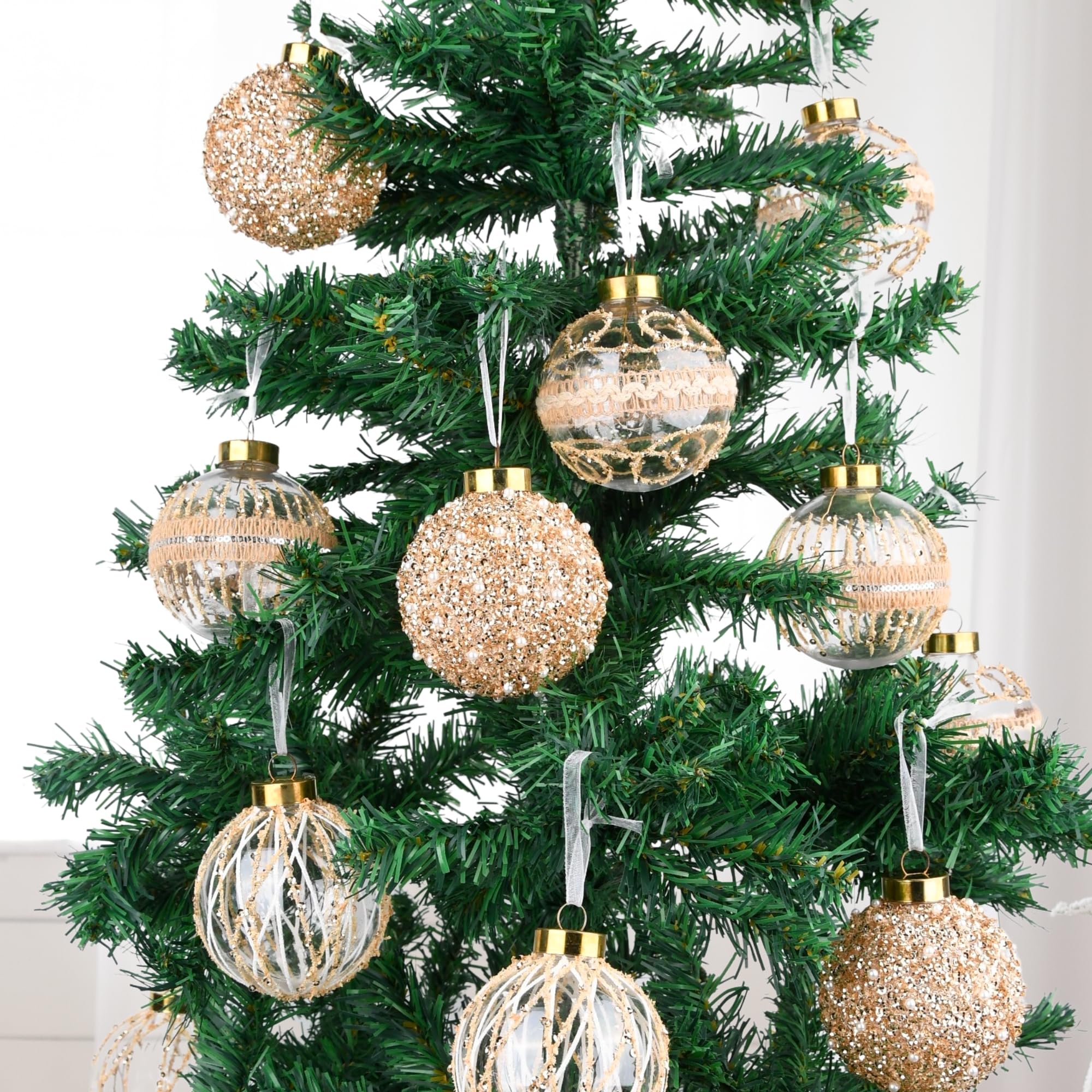 rustic ornaments on fake Christmas tree