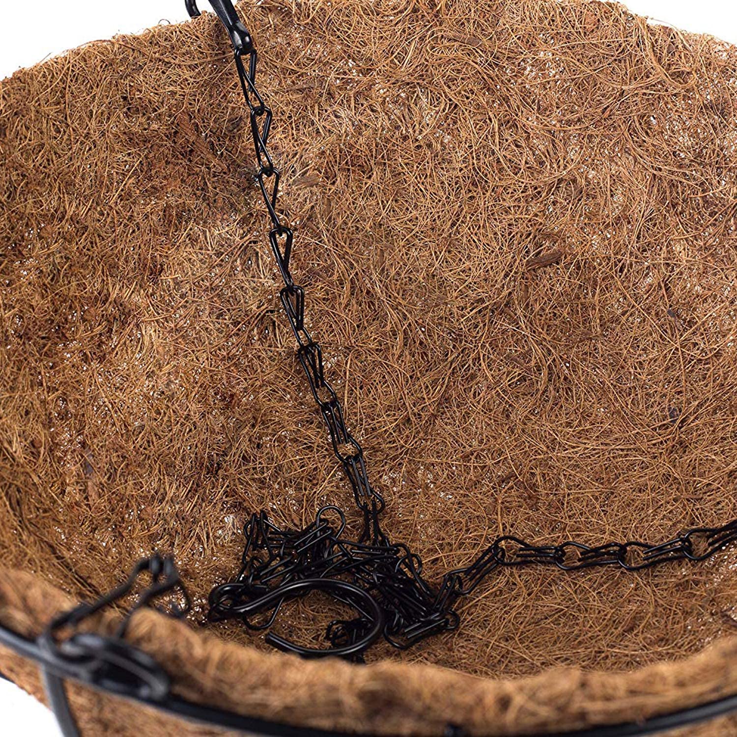 Coconut fiber basket with black metal chain on a white background