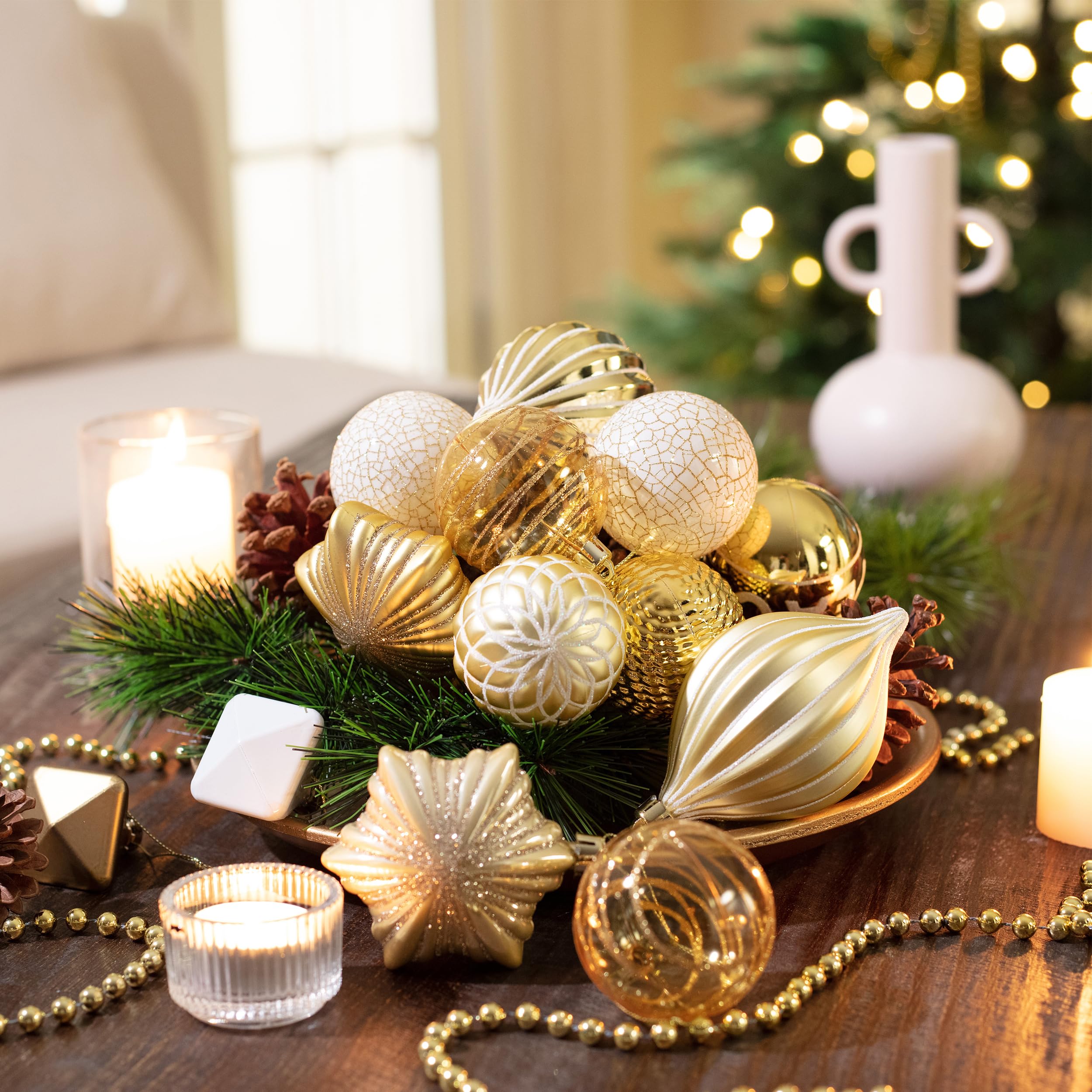 Assorted Gold White Christmas Ornaments - Holiday Decor and Holiday Centerpiece Idea