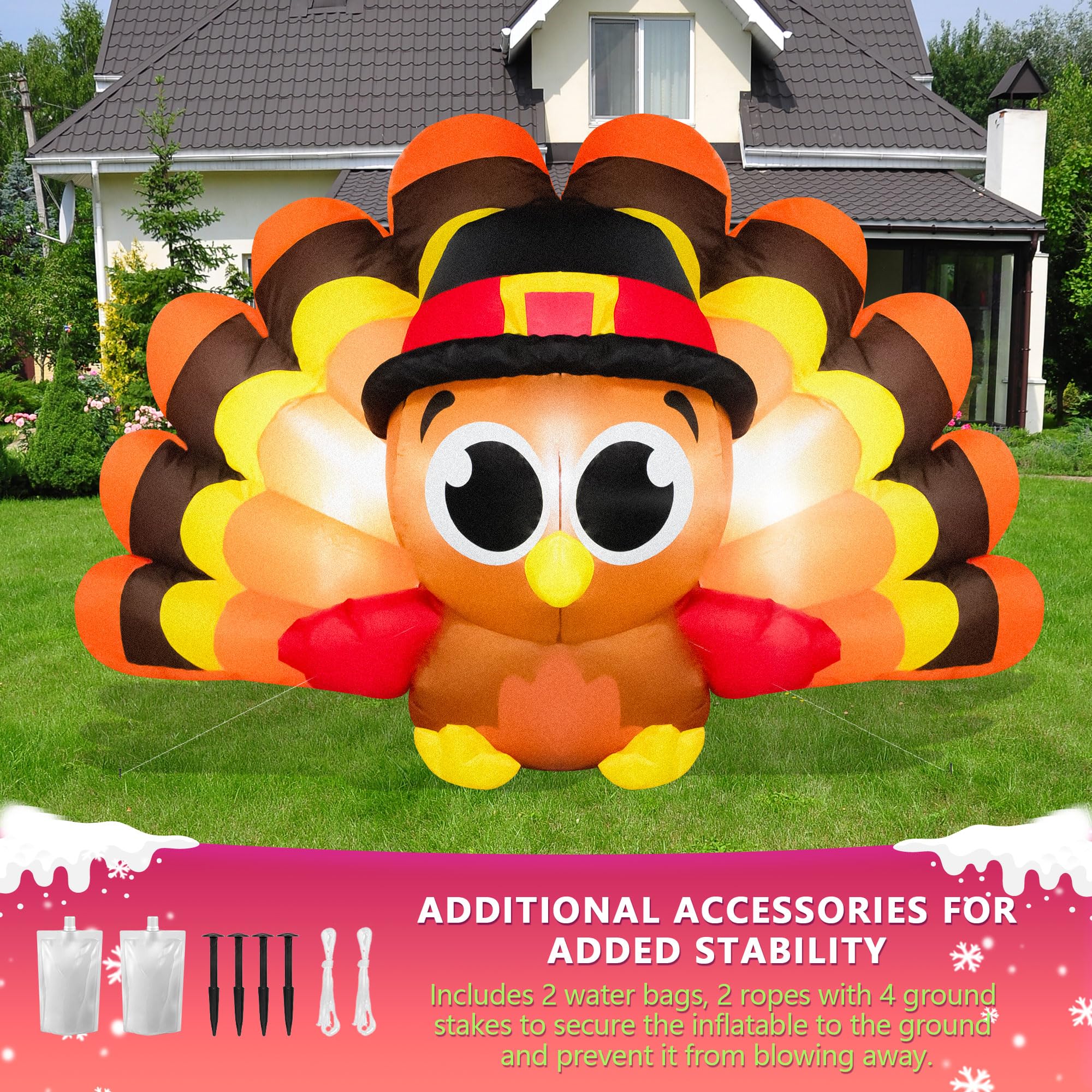 Cute Thanksgiving Turkey Inflatable with Big Tail & Pilgrim Hat