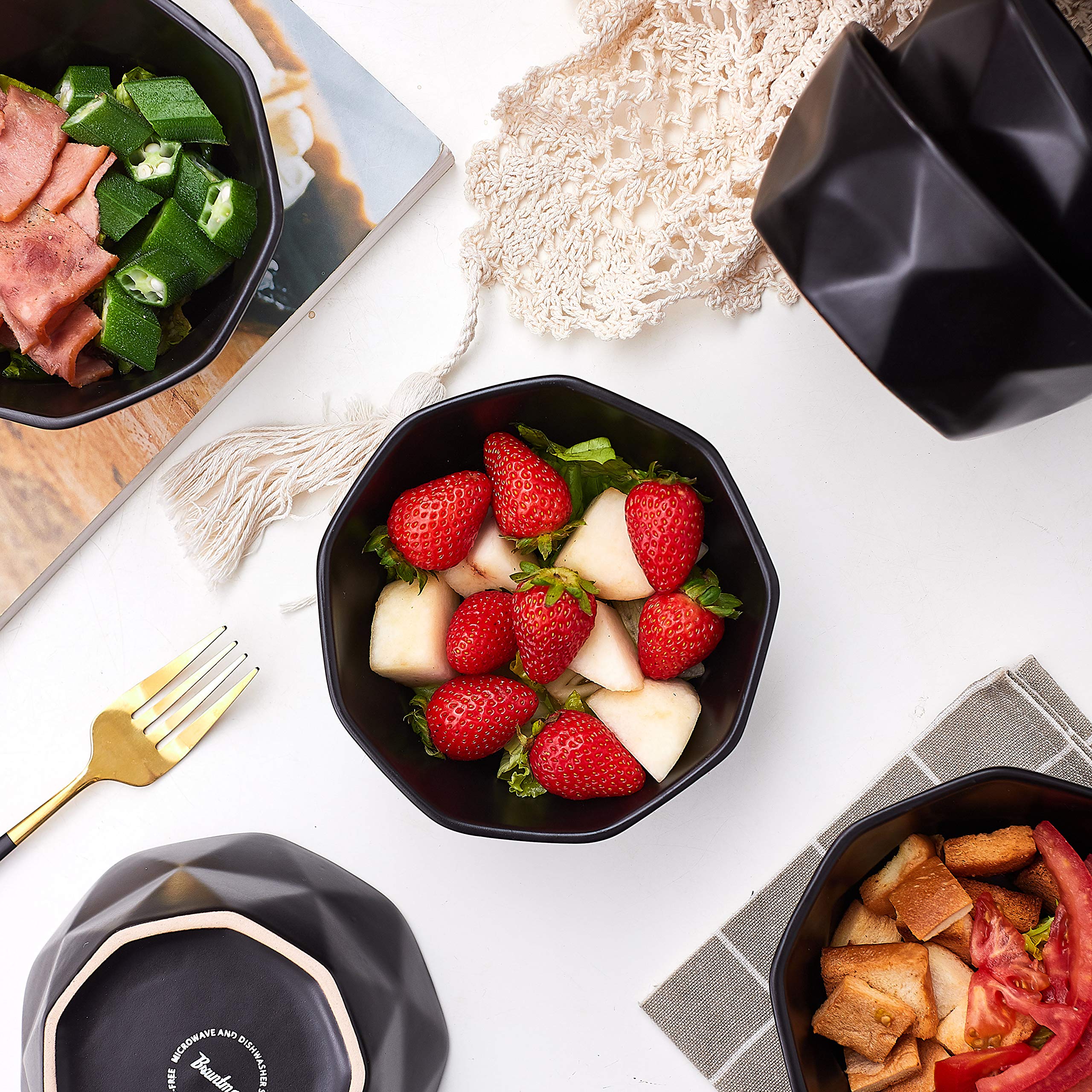 Set of 6 Black Geometric Ceramic Bowls - black bowls on table