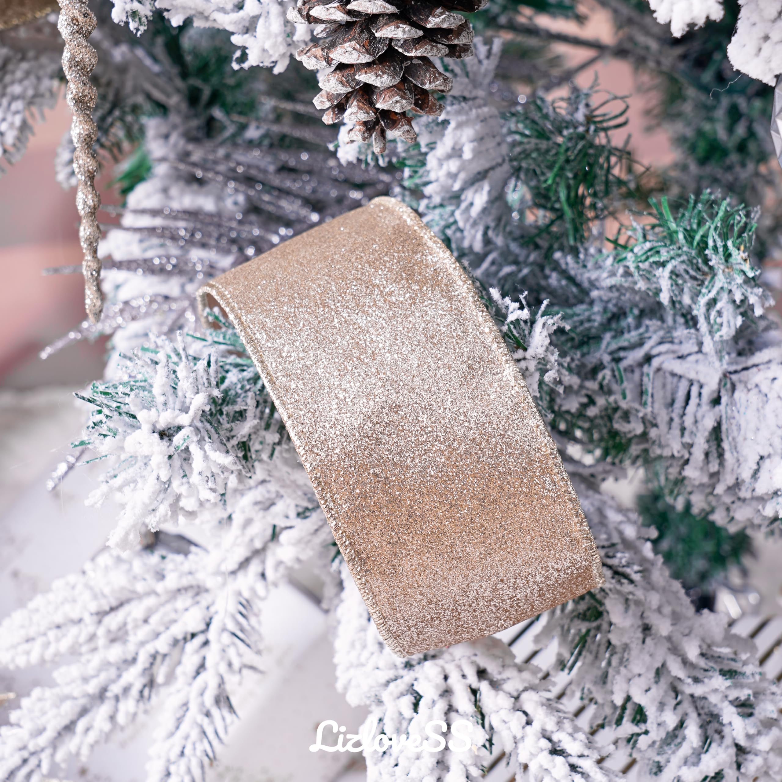 wire champagne ribbon on faux tree