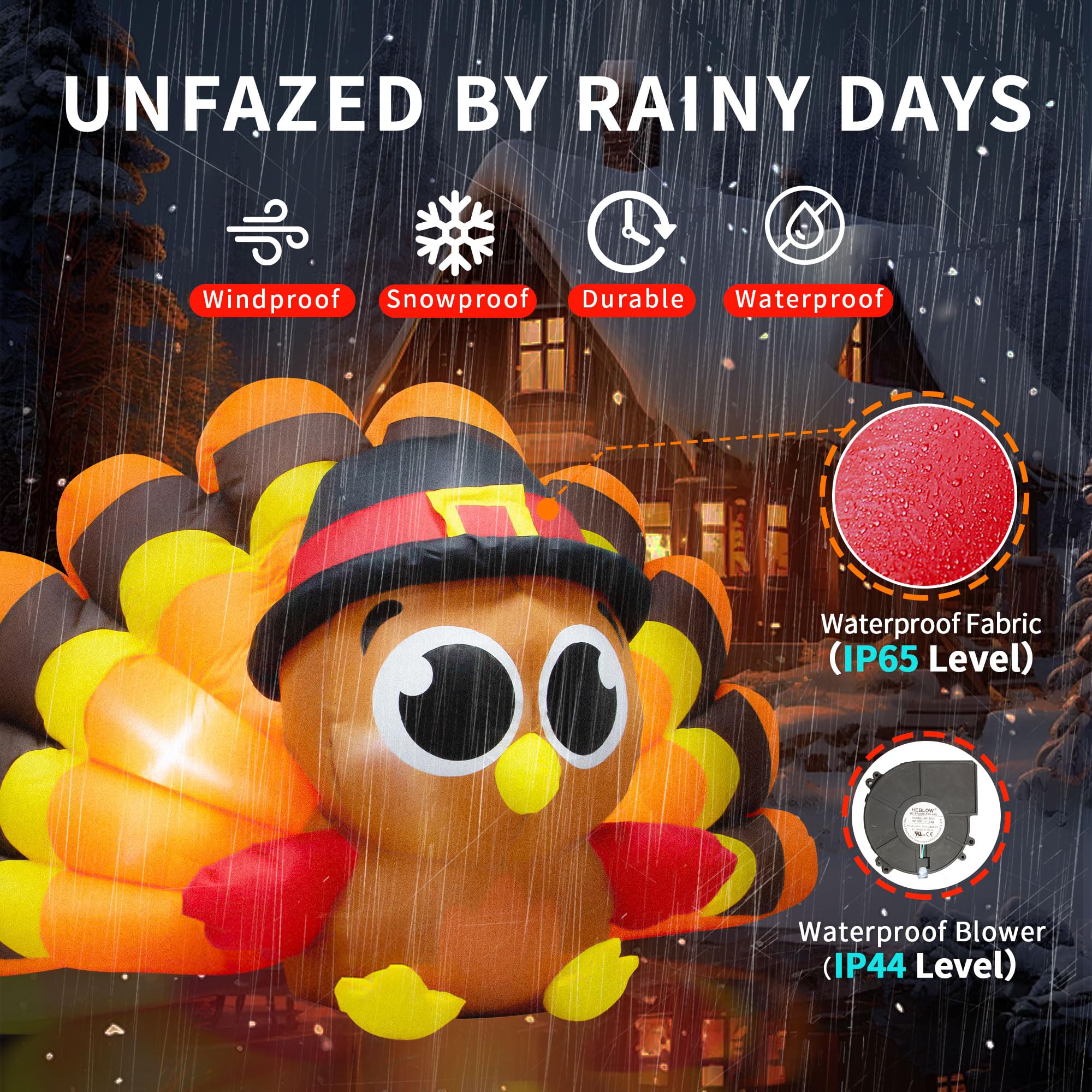 8 FT Thanksgiving Inflatables Turkey Baby with Big Tail & Pilgrim Hat features