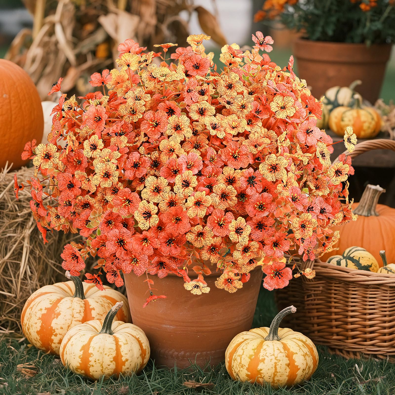 24 Bundles Orange & Red Artificial Fall Mums Flowers for Outdoors Decoration