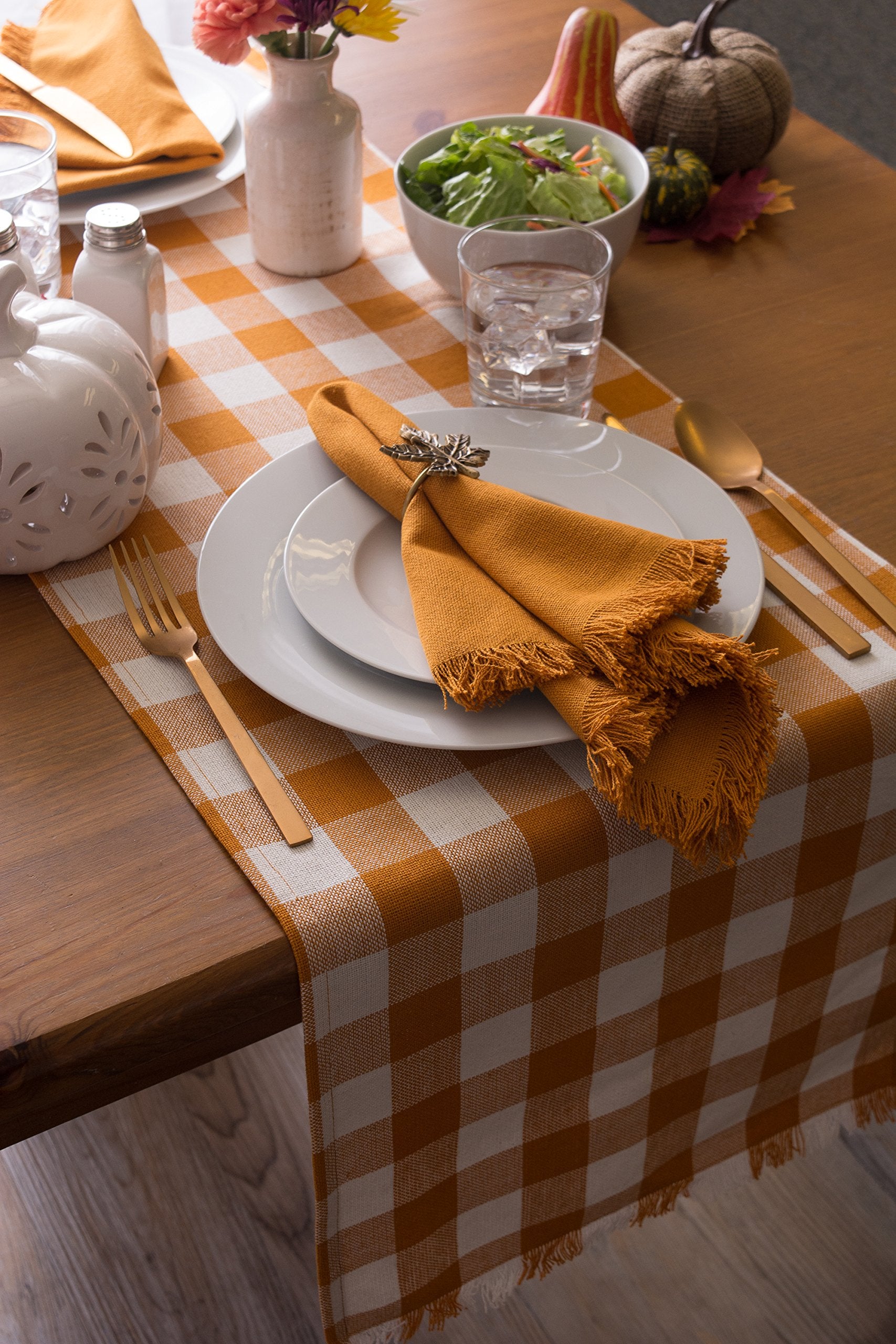 orange checkered fall table runner - fall table decor