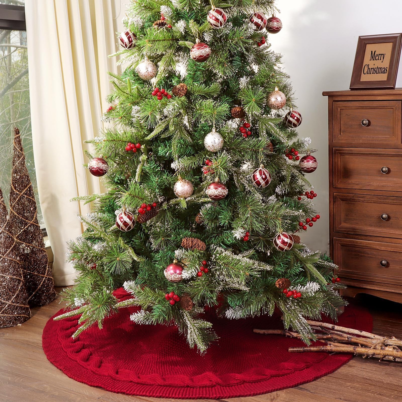 Wine Red Knitted Christmas Tree Skirt