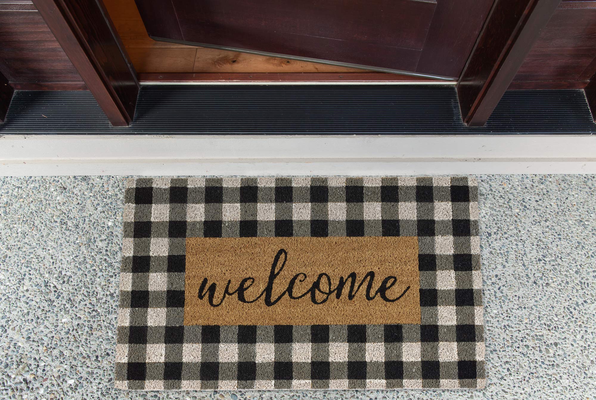 Fall welcome mat - black checkered welcome mat for fall porch decoration