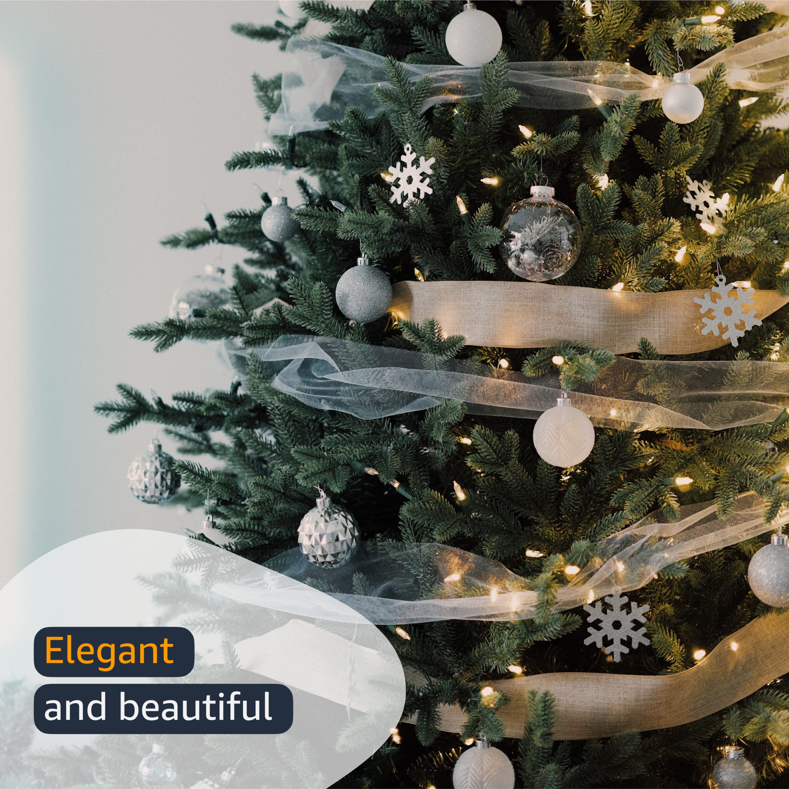 gold ribbon around Christmas tree with ornaments