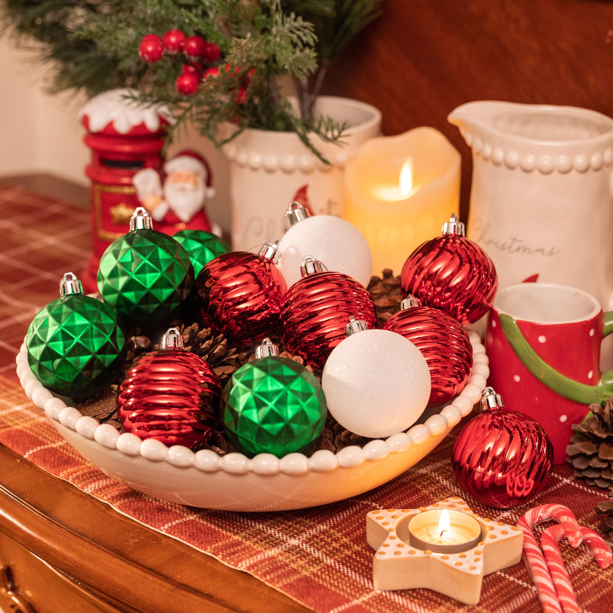 holiday table decor ornaments and pinecones