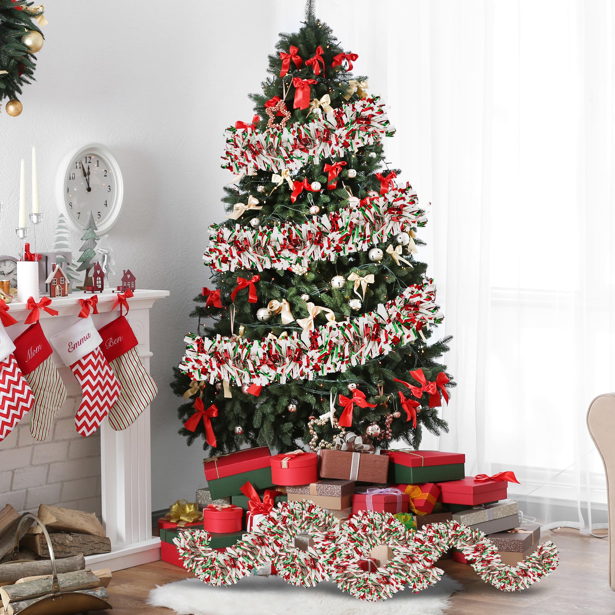 White green red Christmas tree tinsel