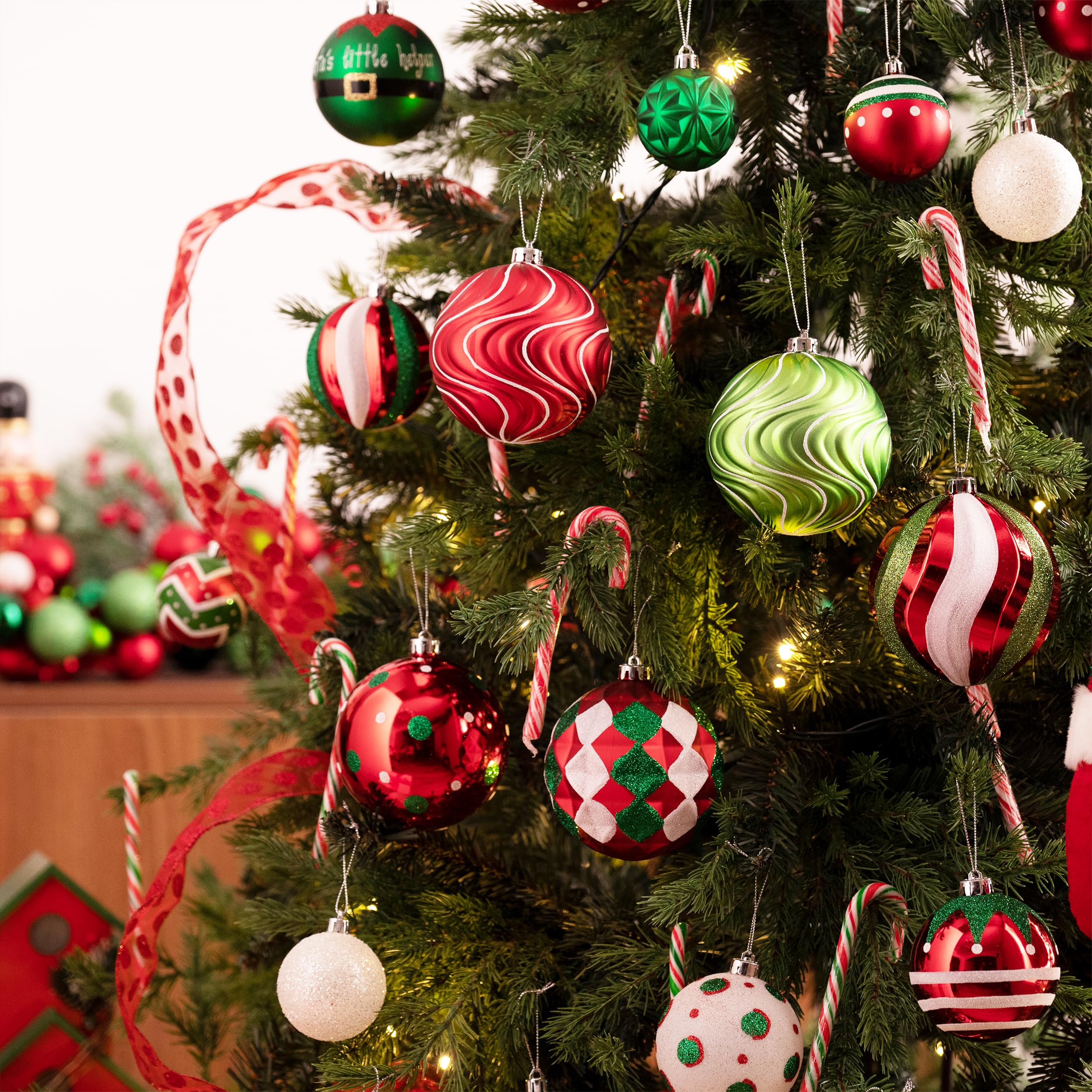 red green and white Christmas tree ornament set
