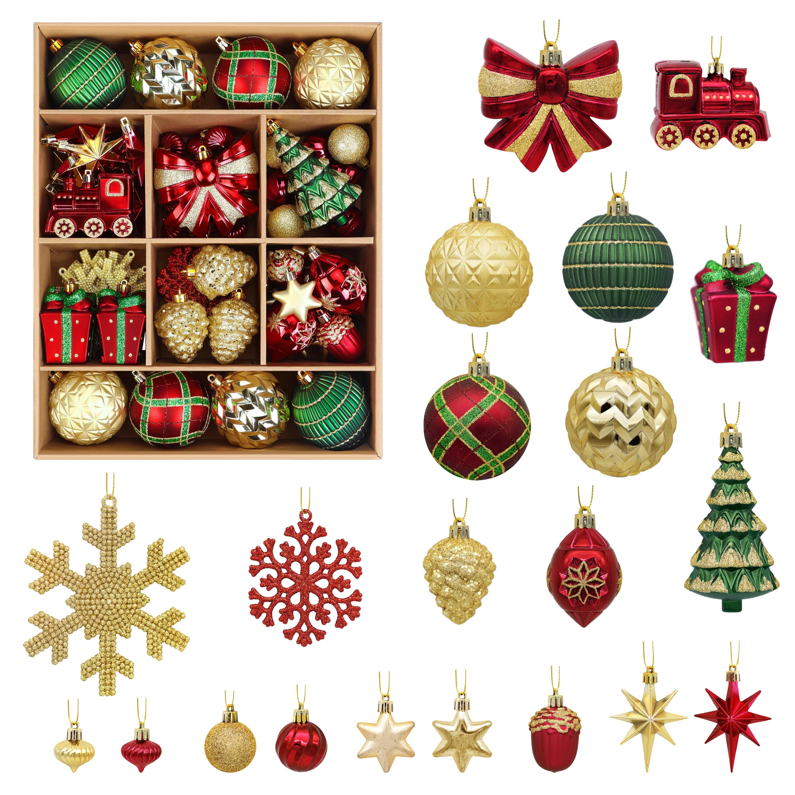 gold green and red Christmas ornament set