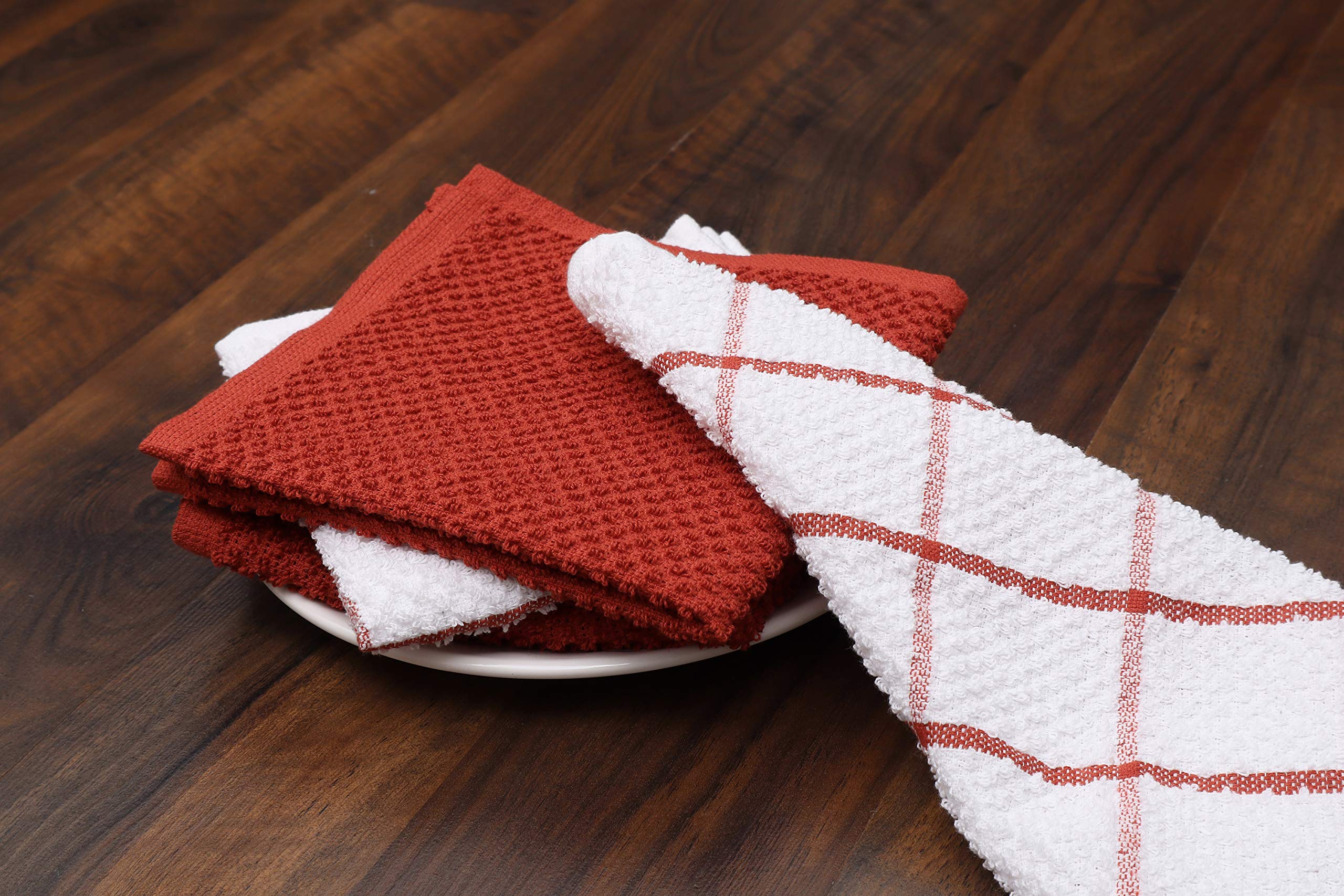 Terry Dish Cloths Set of 8 in Solid Rust and Plaid
