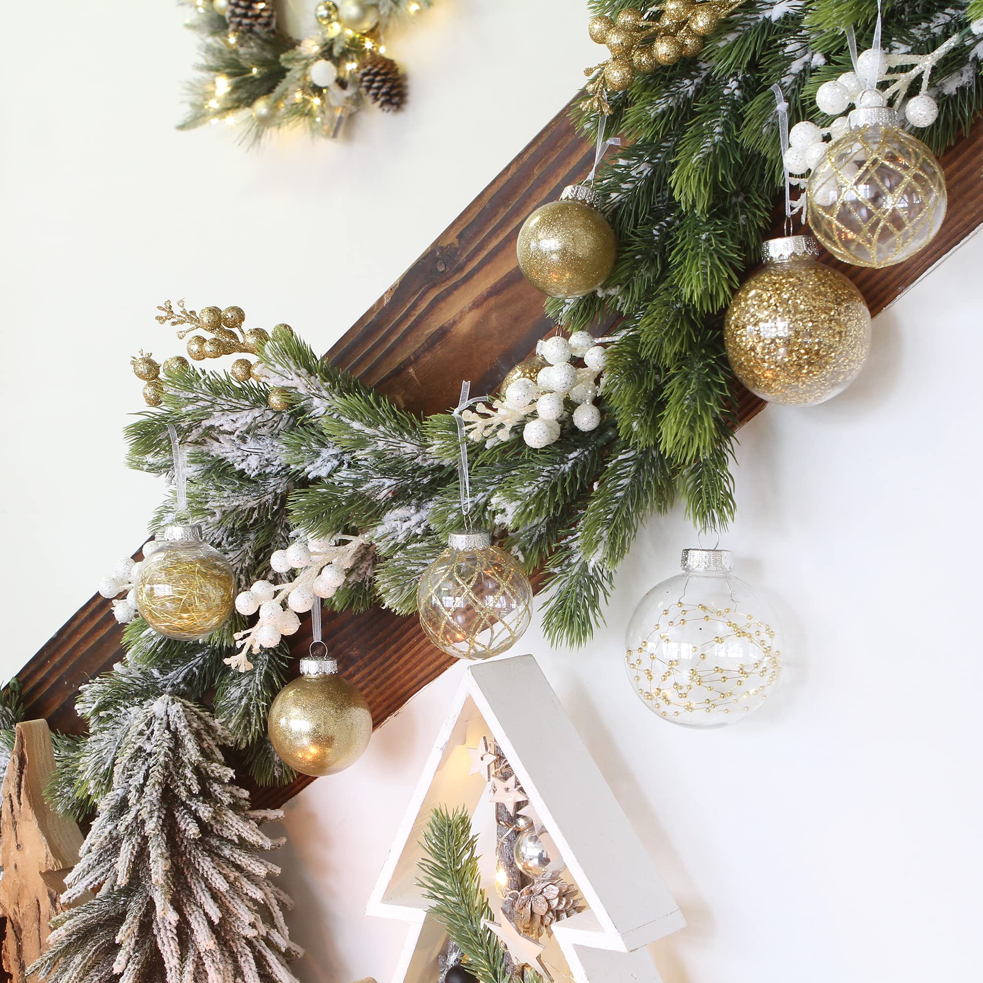 Champagne and Gold ornaments on Christmas wreath