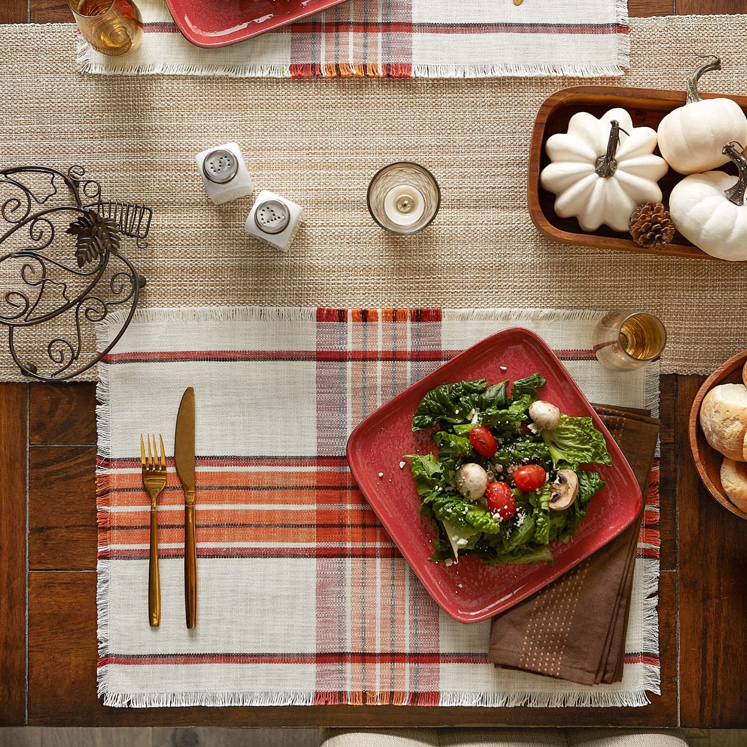 Orange White Plaid Placemat Set, Thanksgiving table setting