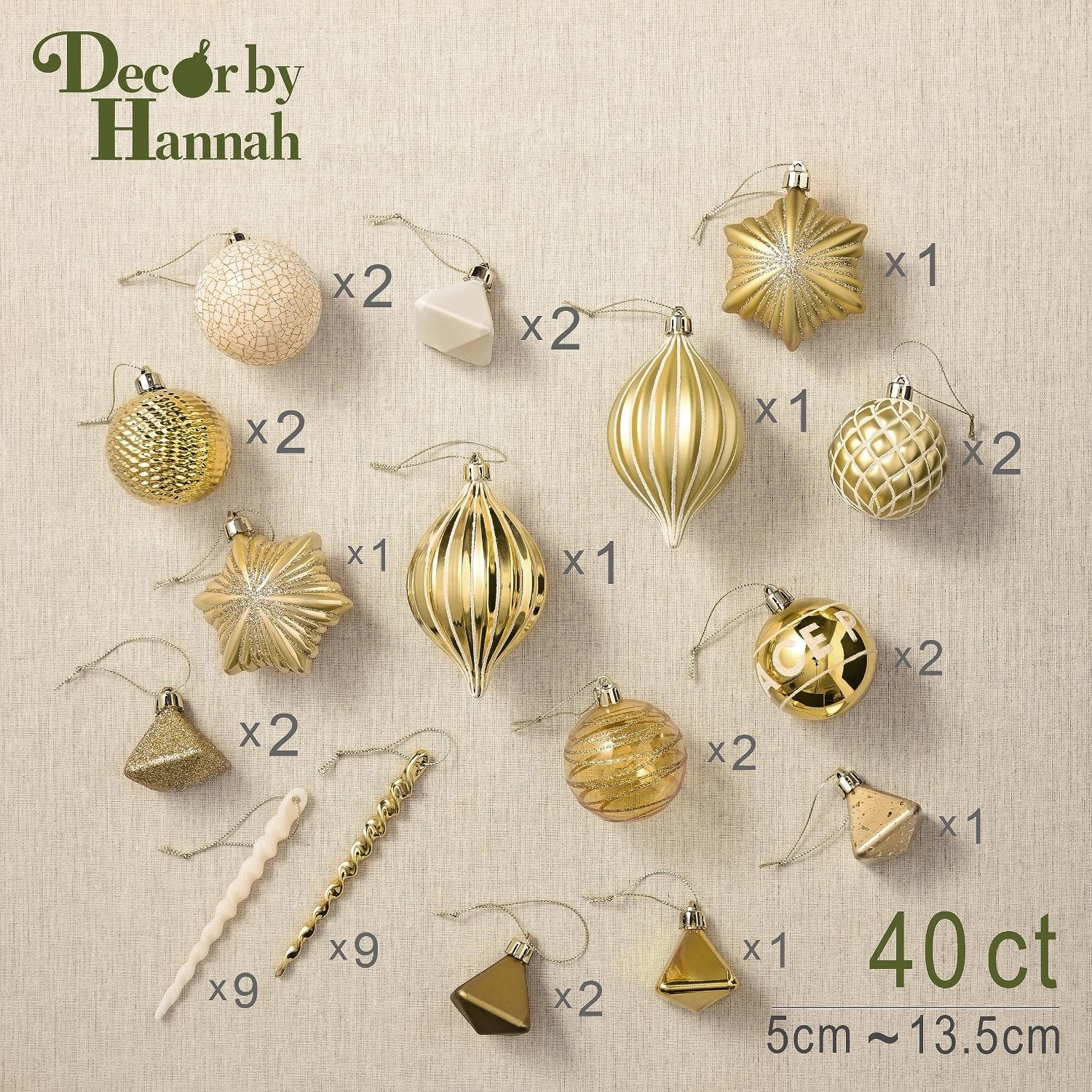 40 Piece Assorted Gold White Christmas Ornament Designs