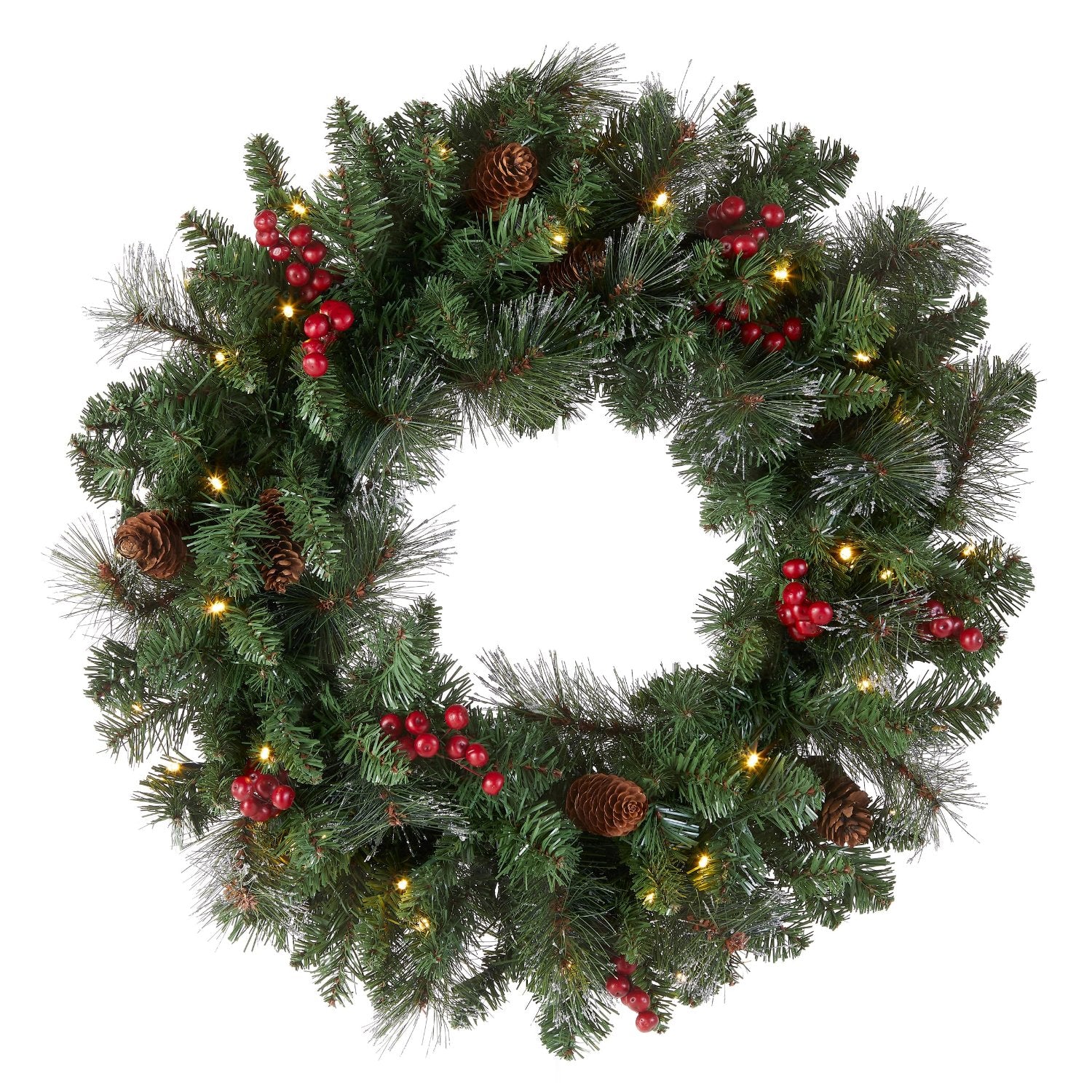 Pre-Lit Artificial Christmas Wreath White Lights, Berries, Pine Cones & Frosted Branches 24 Inches
