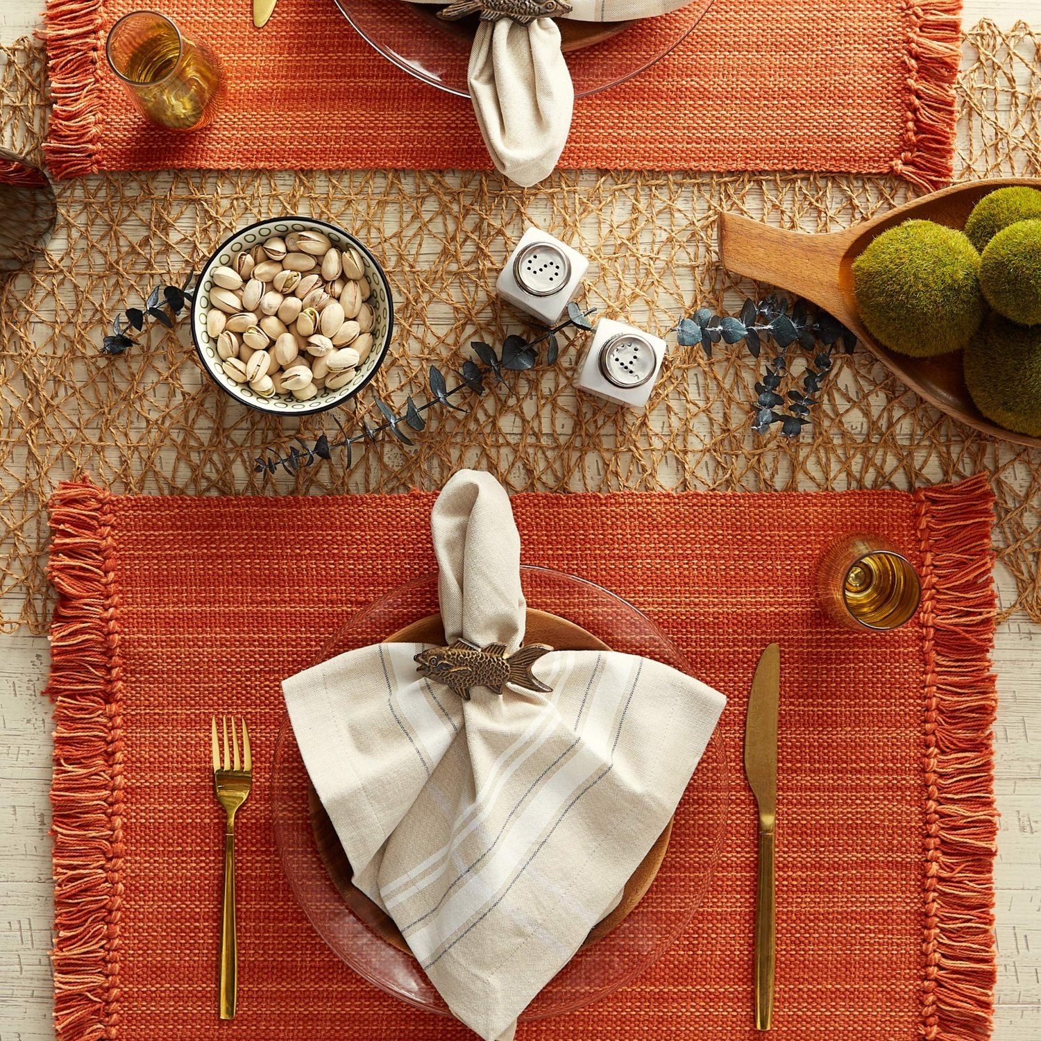 Orange spice placemat set with fringe detail