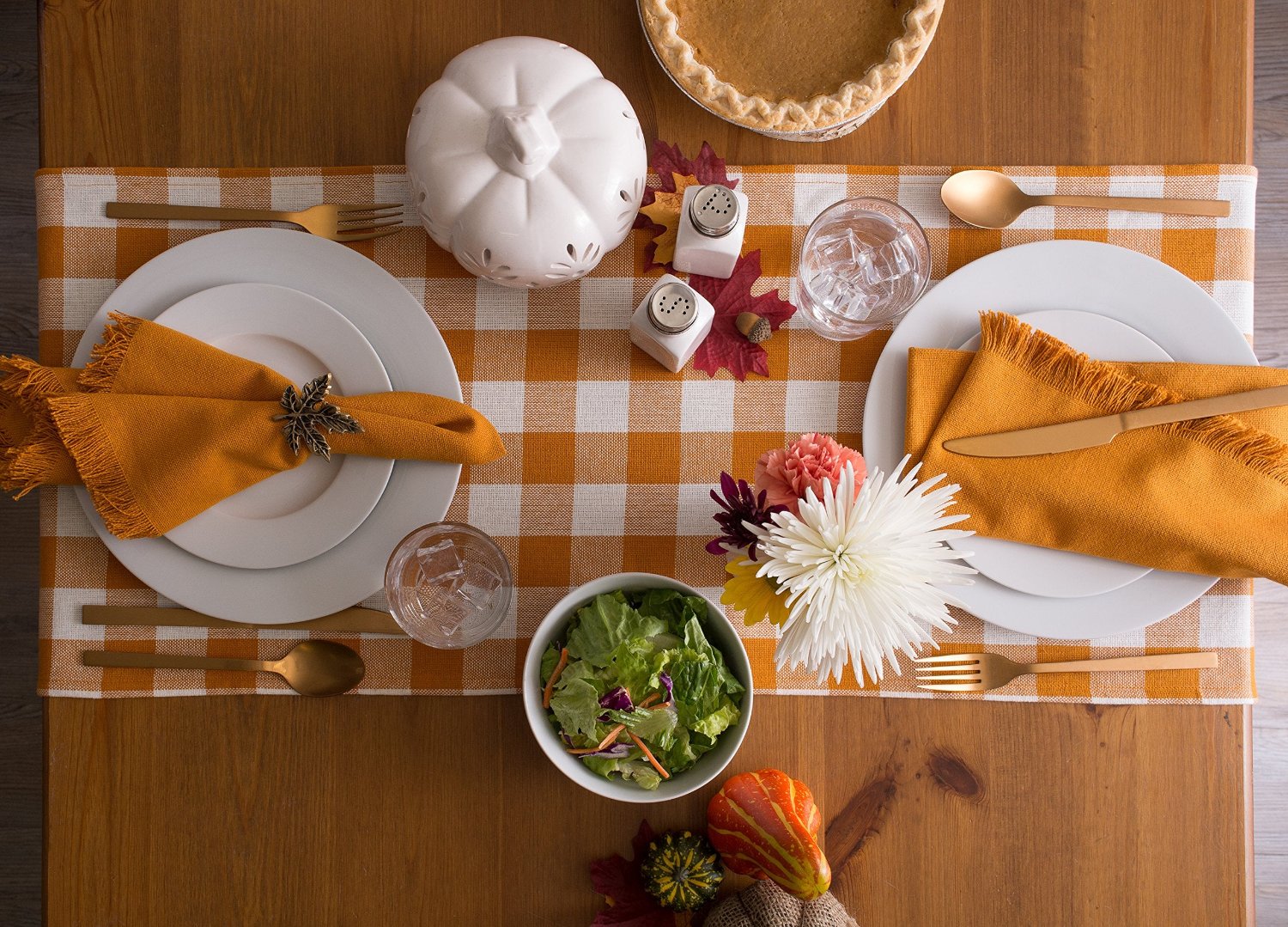 Orange fall table runner - checkered pattern pumpkin spice fall table runner