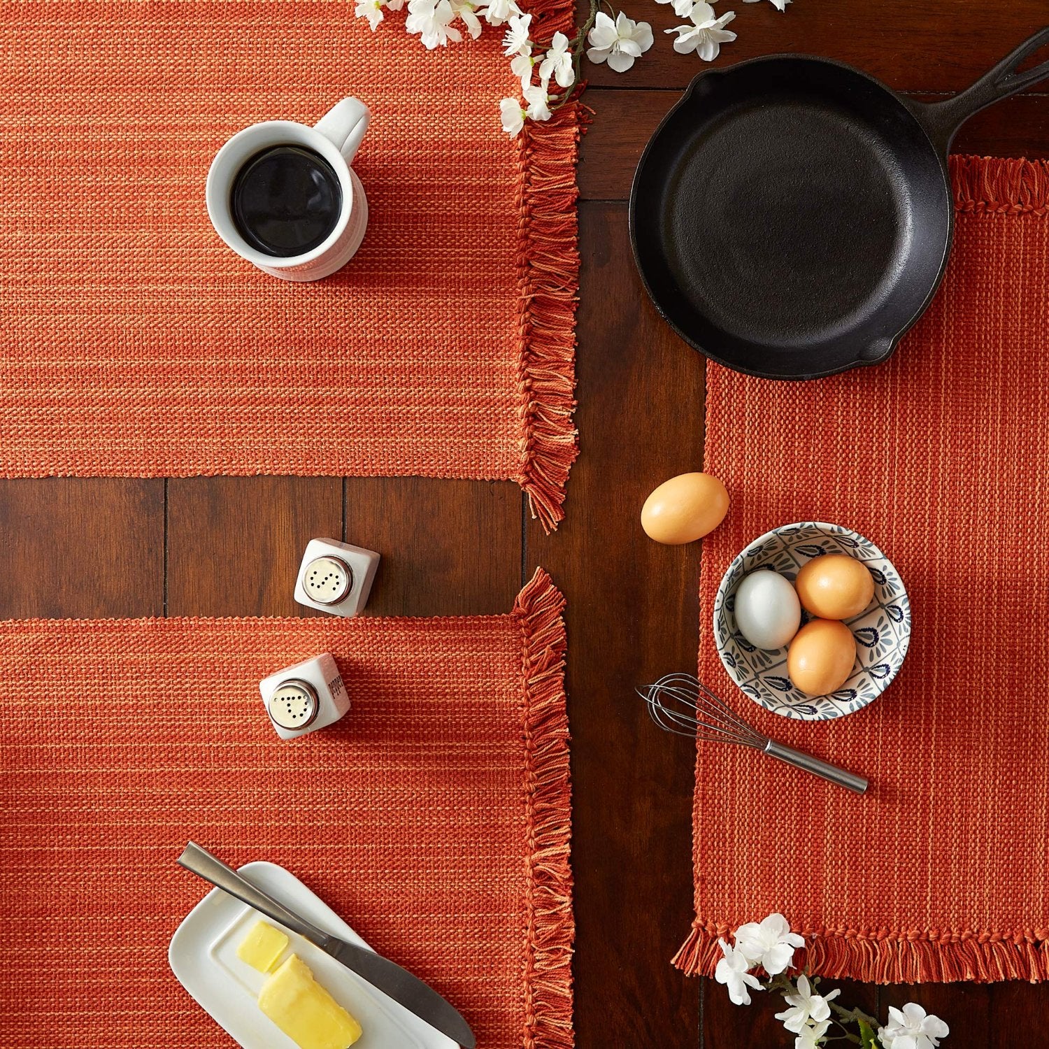 Orange spice woven placemats for fall with decorative fringe - fall table decor