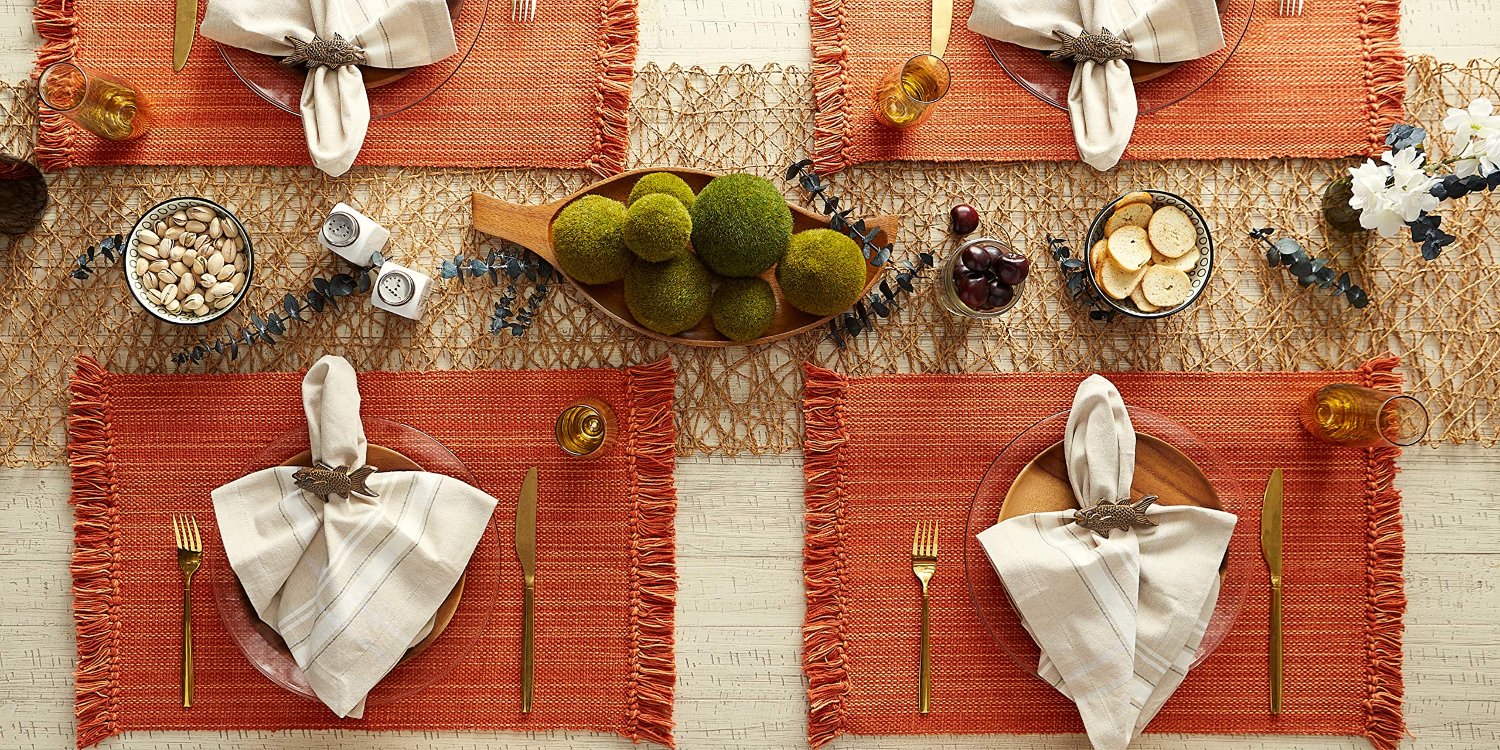 6 Piece Placemat Set - Orange Pumpkin Spice Color Placemats with Fringe