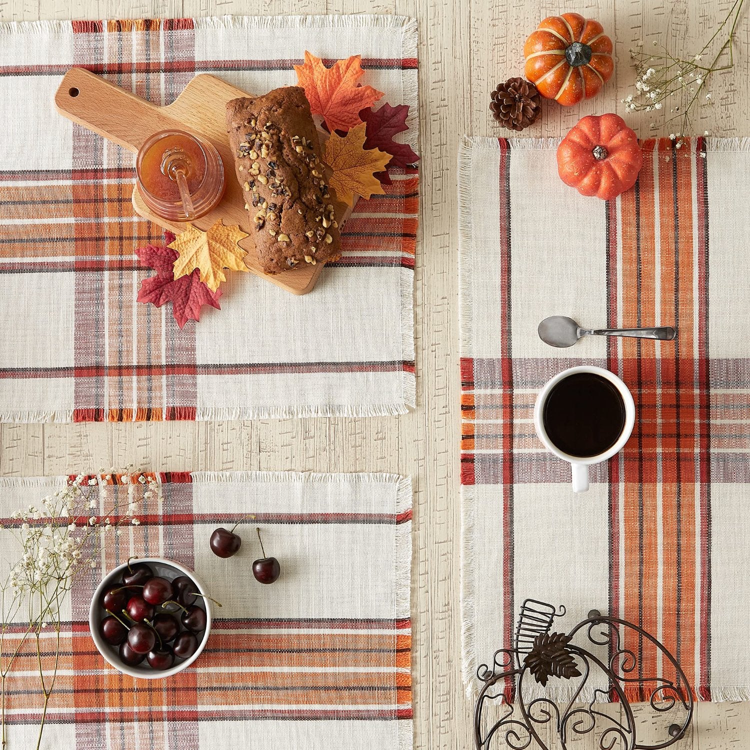 Orange White Plaid Placemat Set, Fall table setting