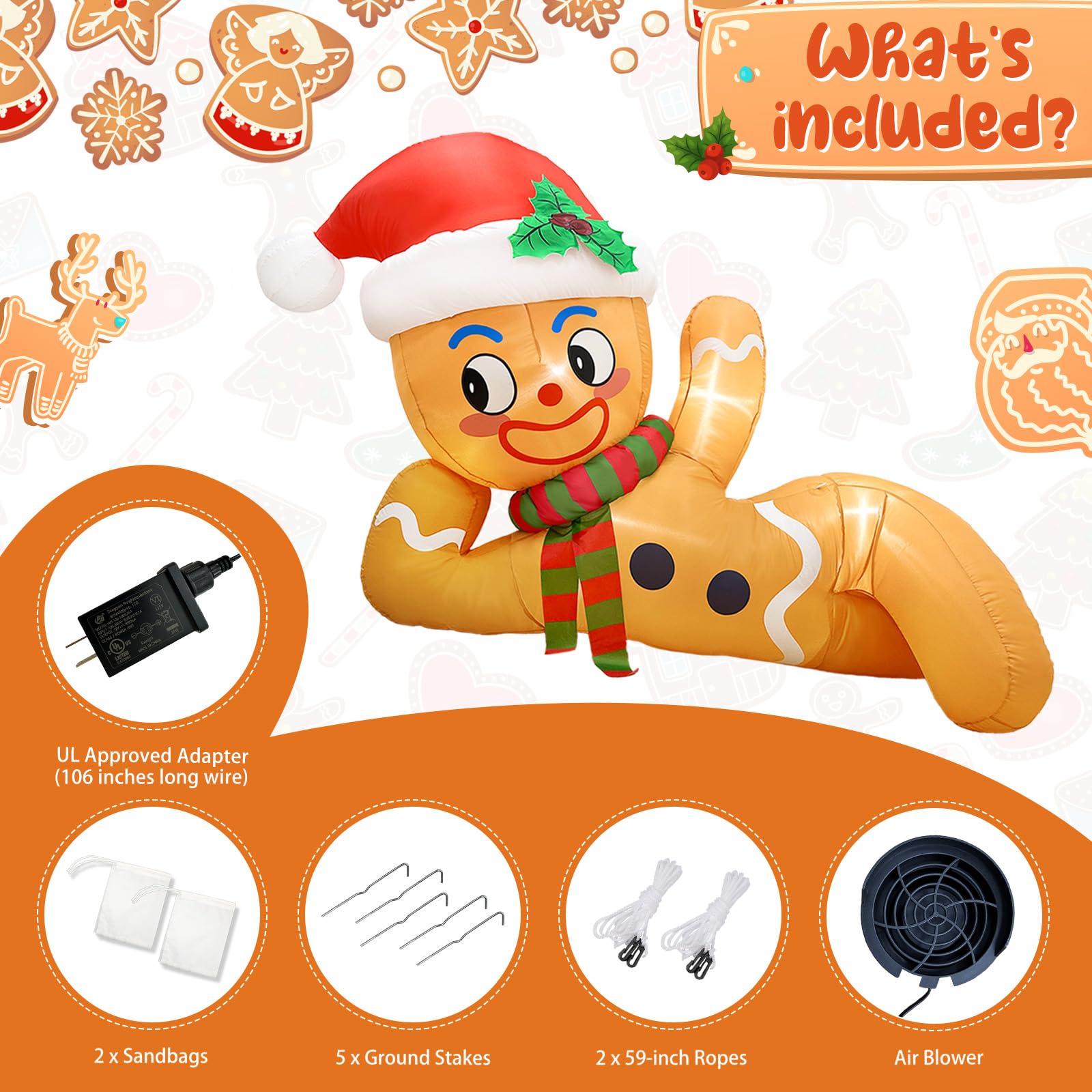 Gingerbread inflatable includes adapter, sandbags, ground stakes, rope and air blower
