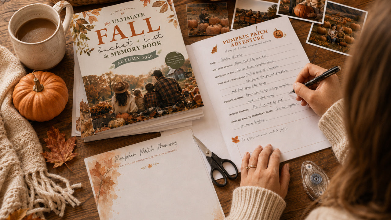 woman writing in her fall memory book and adding photos to the keepsake