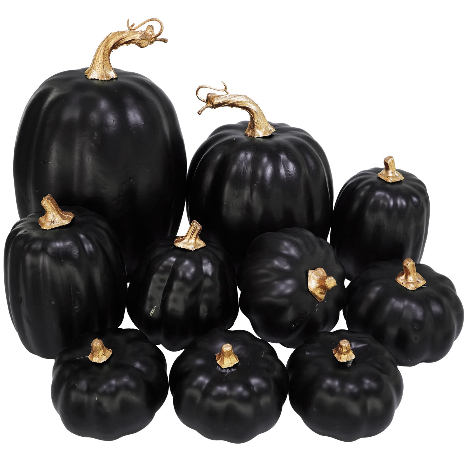 Pack of 10 solid black faux pumpkins in multiple sizes