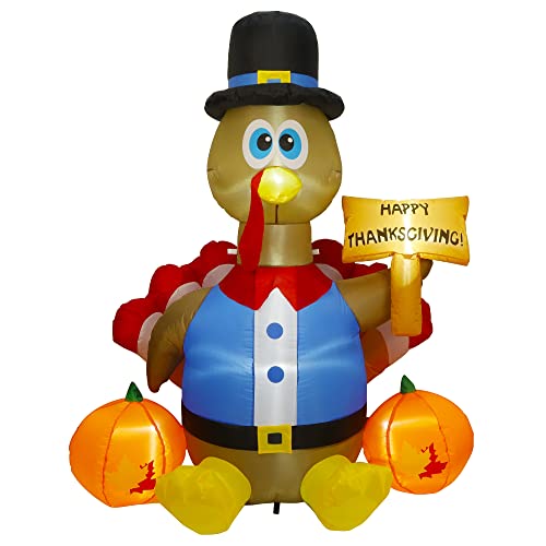 6FT Lighted Happy Thanksgiving Inflatable Turkey with Pilgrim Hat