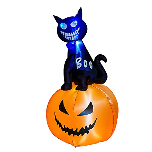 5 FT Halloween Inflatables Outdoor Cat on Pumpkins with Changing Color