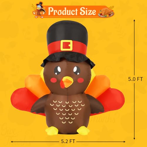 5 FT Tall Thanksgiving Inflatable Turkey Baby in Hat with LEDs