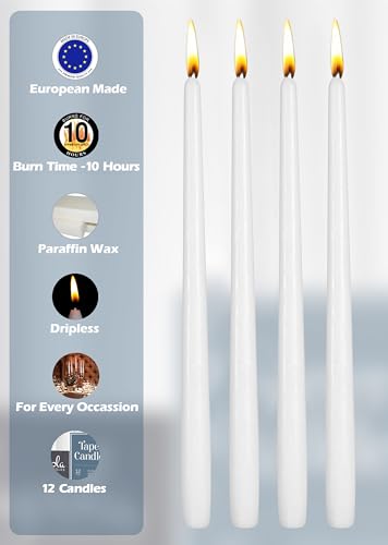 12 Pack Tall Taper Candles - 12 Inch White Dripless, Unscented Dinner Candle