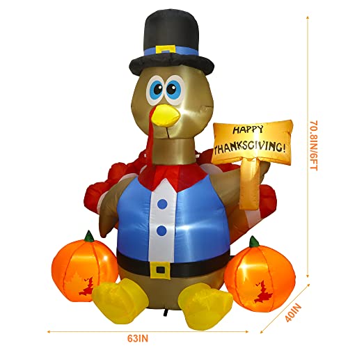 6FT Lighted Happy Thanksgiving Inflatable Turkey with Pilgrim Hat