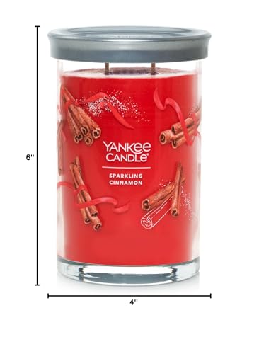 Yankee Candle Sparkling Cinnamon candle with dimensions on a white background