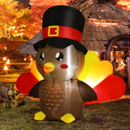 5 FT Tall Thanksgiving Inflatable Turkey Baby in Hat with LEDs