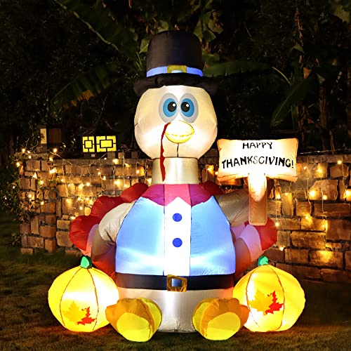 6FT Lighted Happy Thanksgiving Inflatable Turkey with Pilgrim Hat