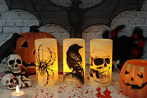 Halloween Flickering Battery Operated Candles with Skull, Spider Web, Crow Raven Decals Set of 3