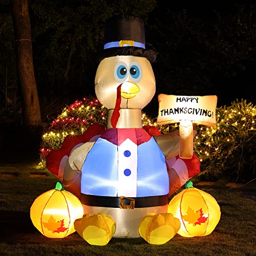 6FT Lighted Happy Thanksgiving Inflatable Turkey with Pilgrim Hat