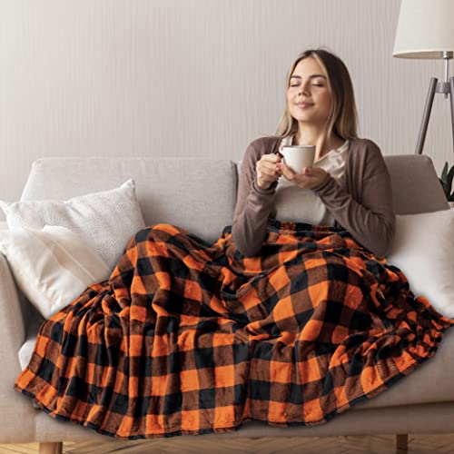 Soft orange black plaid throw blanket for fall and Halloween