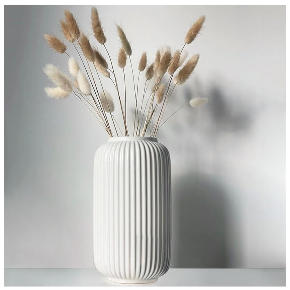 8 Inch Tall Glossy White Ceramic Ribbed Vase