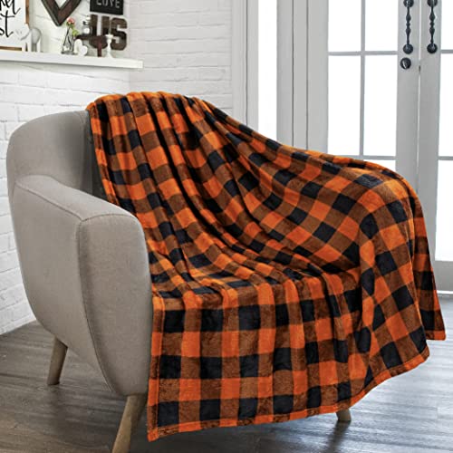 Black and Orange Buffalo Plaid Fleece Throw Blanket 50x60