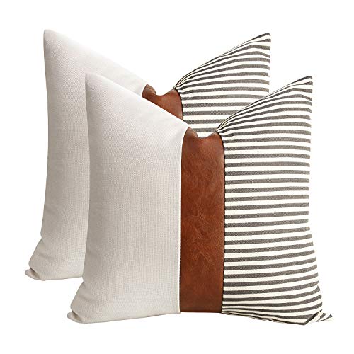 Set of 2 Farmhouse Decor Stripe Patchwork Linen Throw Pillow Covers