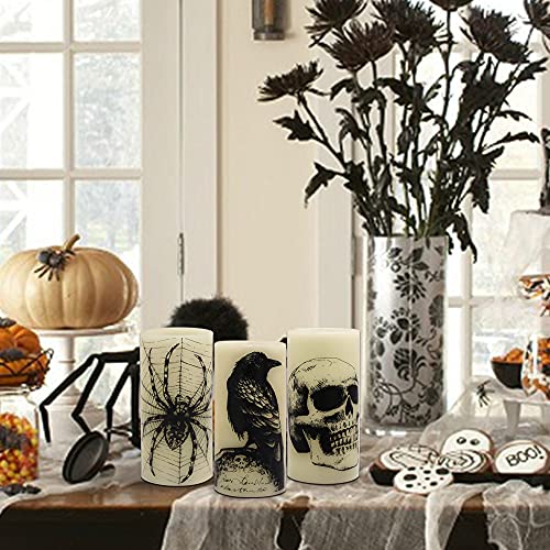 Halloween Flickering Battery Operated Candles with Skull, Spider Web, Crow Raven Decals Set of 3