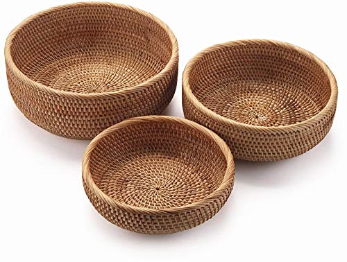 Natural Rattan Round Fruit Basket Bowls (Set of 3)