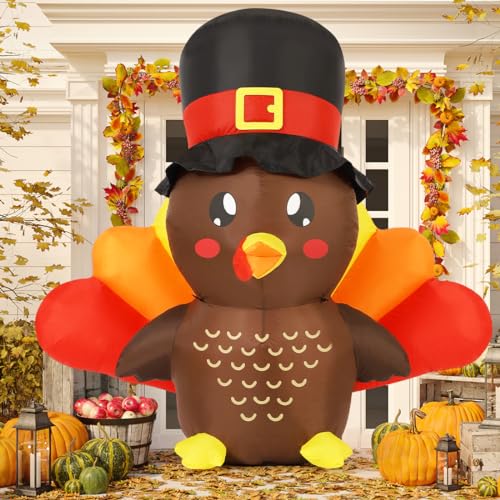 5 FT Tall Thanksgiving Inflatable Turkey Baby in Hat with LEDs